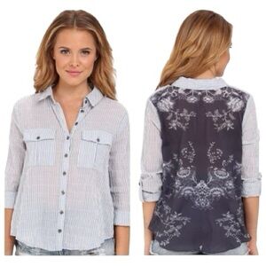 Free People Striped Sheer Button-Up Top, Small